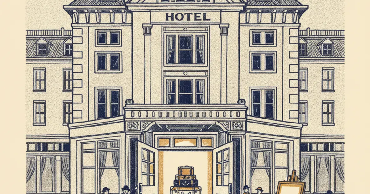Illustration of a hotel building reopening its doors to local community visitors, representing asylum hotels exited and returned to communities
