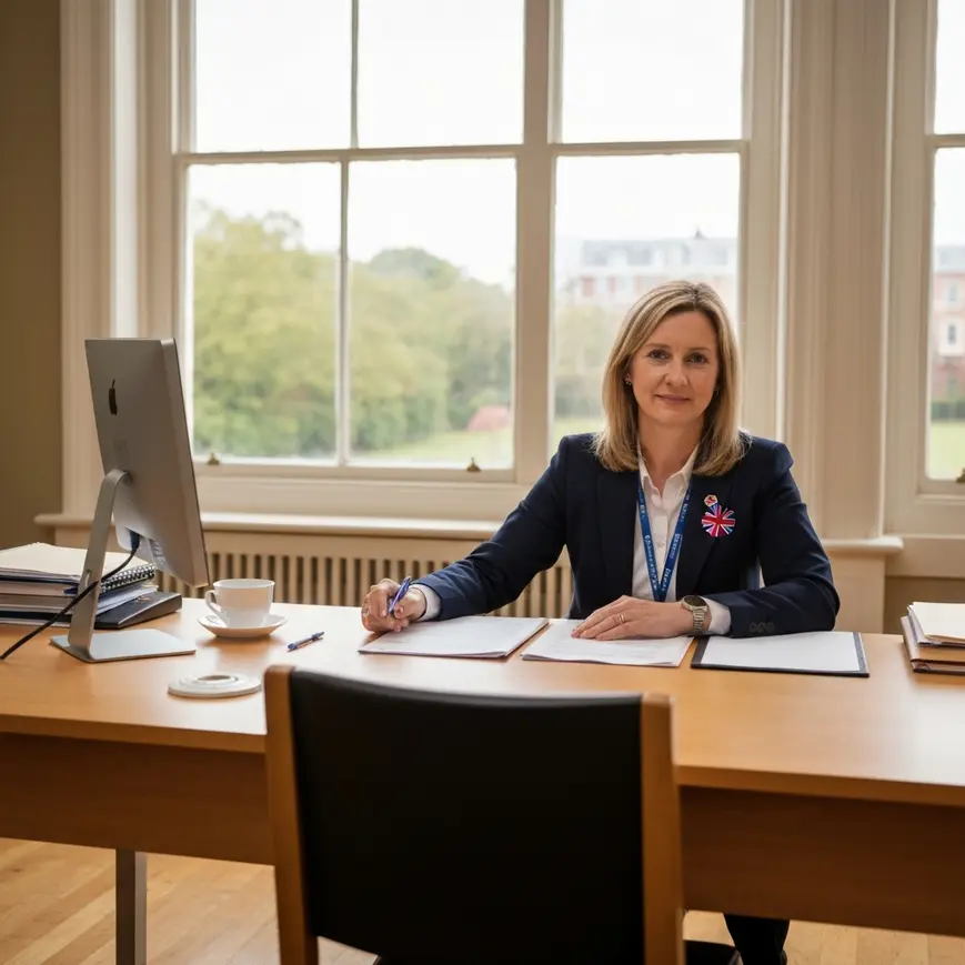 UK government child trafficking support worker at a desk in a professional safeguarding office, representing the £25 million Independent Child Trafficking Guardians funding announcement