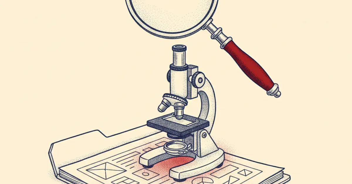 Illustration of a magnifying glass over a microscope and research documents representing ATAS certificate screening for UK visa applicants