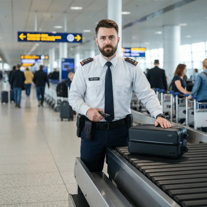 UK Border Force officer at airport security scanner checking luggage for drug smuggling — Home Office summer 2026 warning campaign