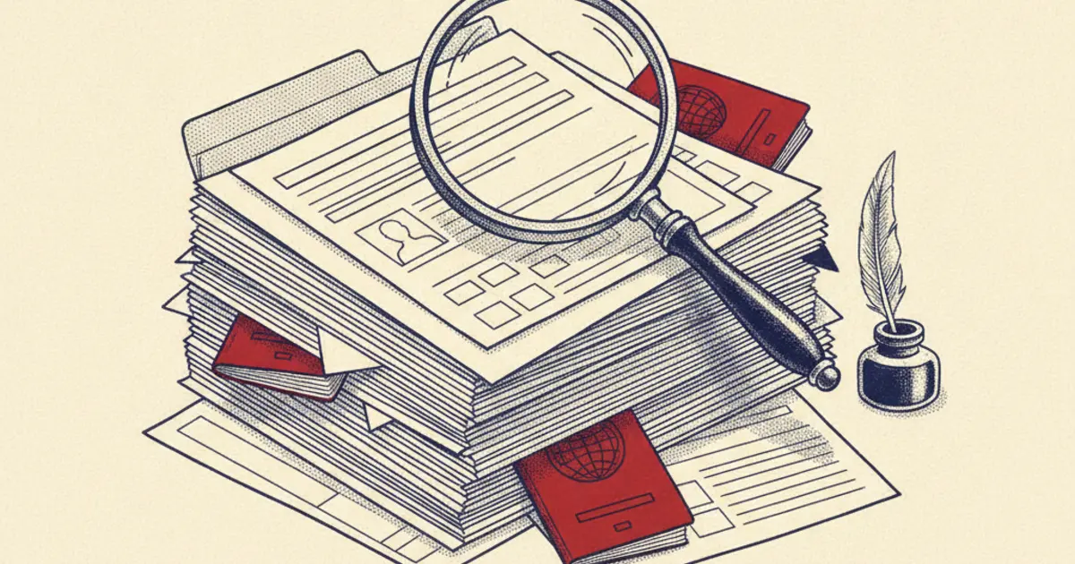Illustration of a caseworker examining supporting documents, representing HM Passport Office guidance on dealing with customer documents