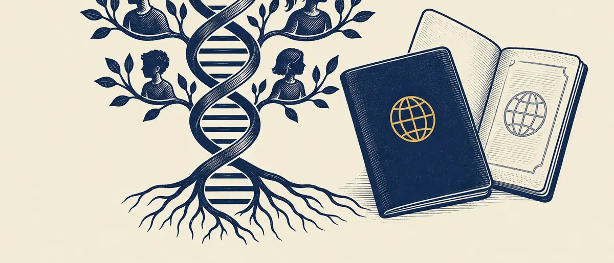 Illustration representing DNA testing for British passport applications showing a double helix and family lineage symbol beside a passport