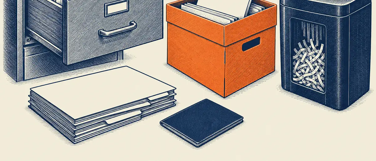 Illustration of filing cabinets and archive boxes representing document storage, retention and destruction guidance for caseworkers