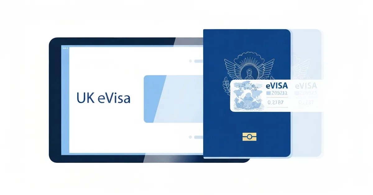 Graphic showing the transition from a physical Form for affixing a visa to the new digital eVisa system for UK immigration.