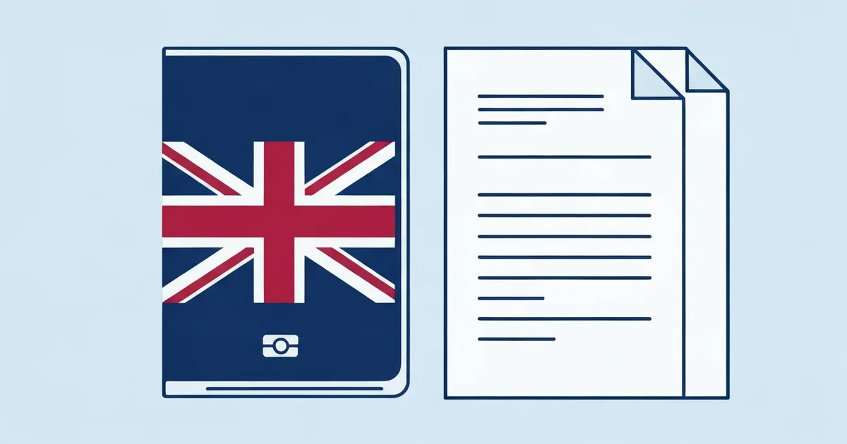A professional flat design showing the Form B(OS) document next to a British passport on a white background.