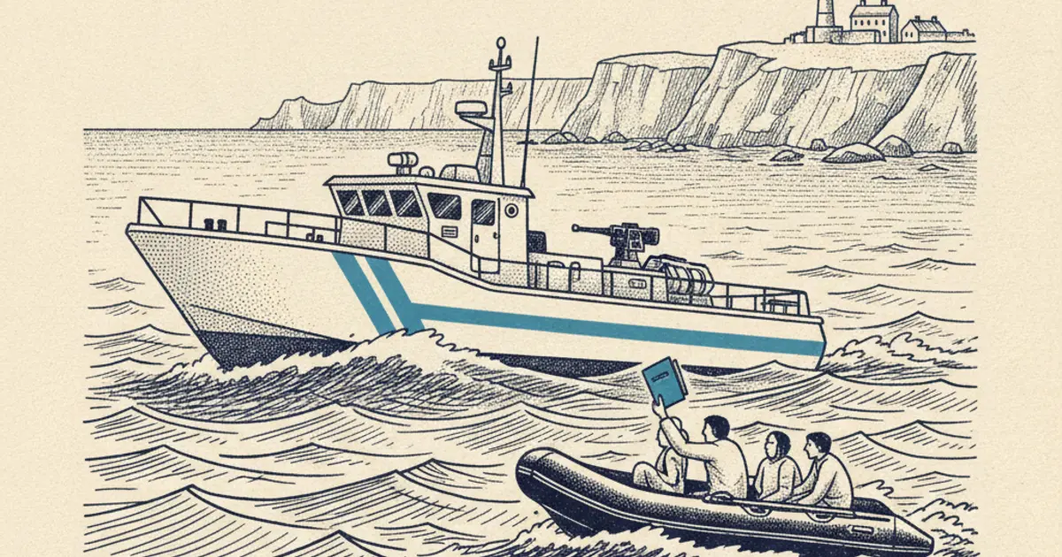 Illustration of French coastal police intercepting a small boat, representing France prevents 185 boats and 4,300 migrants reaching UK shores