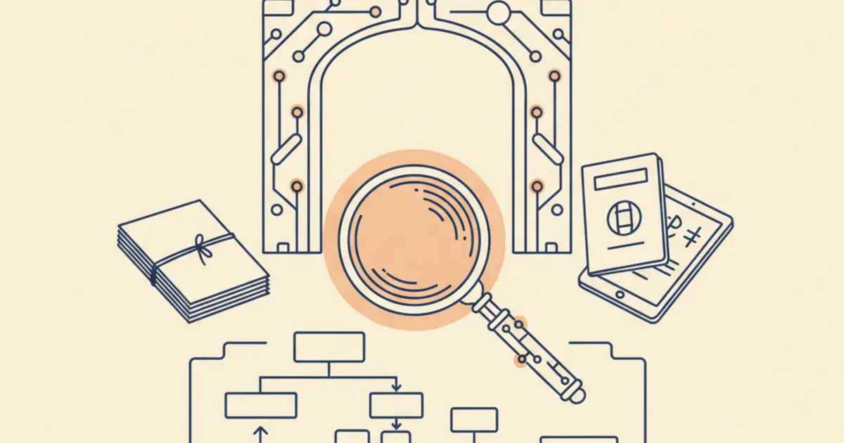 Etching-style illustration symbolising the inspection and review of the Future Border and Immigration System benefits realisation