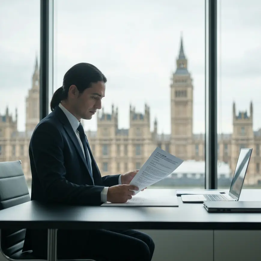 Skilled professional reviewing Global Talent visa UK endorsement documents in a London office overlooking the Houses of Parliament