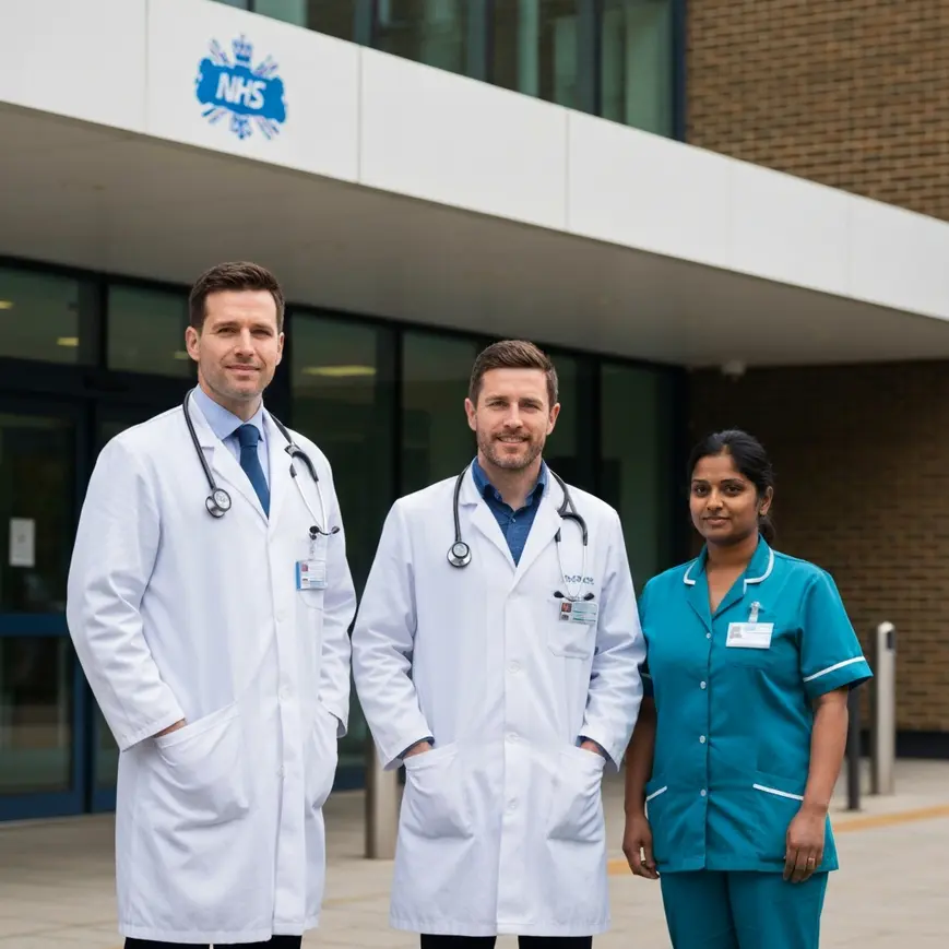 NHS doctor and care worker outside a London hospital representing the Health and Care Worker visa eligibility requirements in the UK