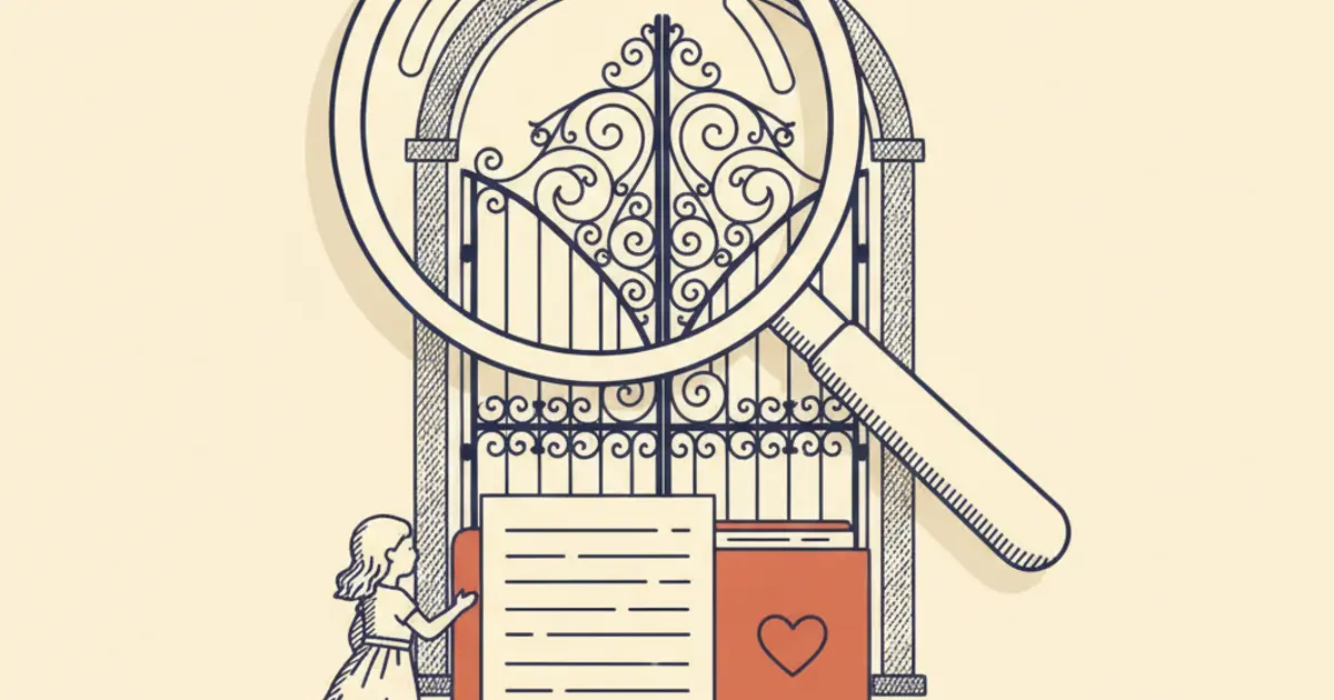 Illustration symbolising an inspection into the treatment of children within the UK migration and borders system, showing a magnifying glass over documents and a child figure near a border gate