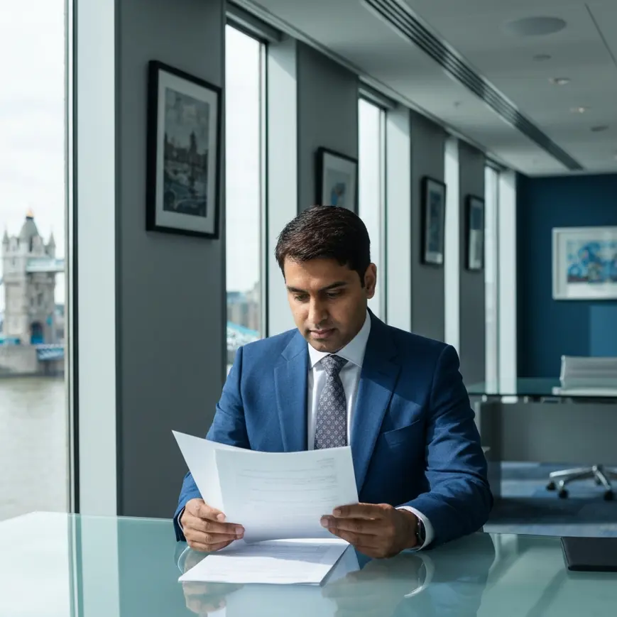 Skilled Worker visa holder receiving Indefinite Leave to Remain settlement documents in a London professional office setting