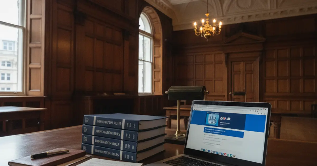 UK Immigration Rules archive documents for January to February 2025 displayed on a government office desk in Westminster, London