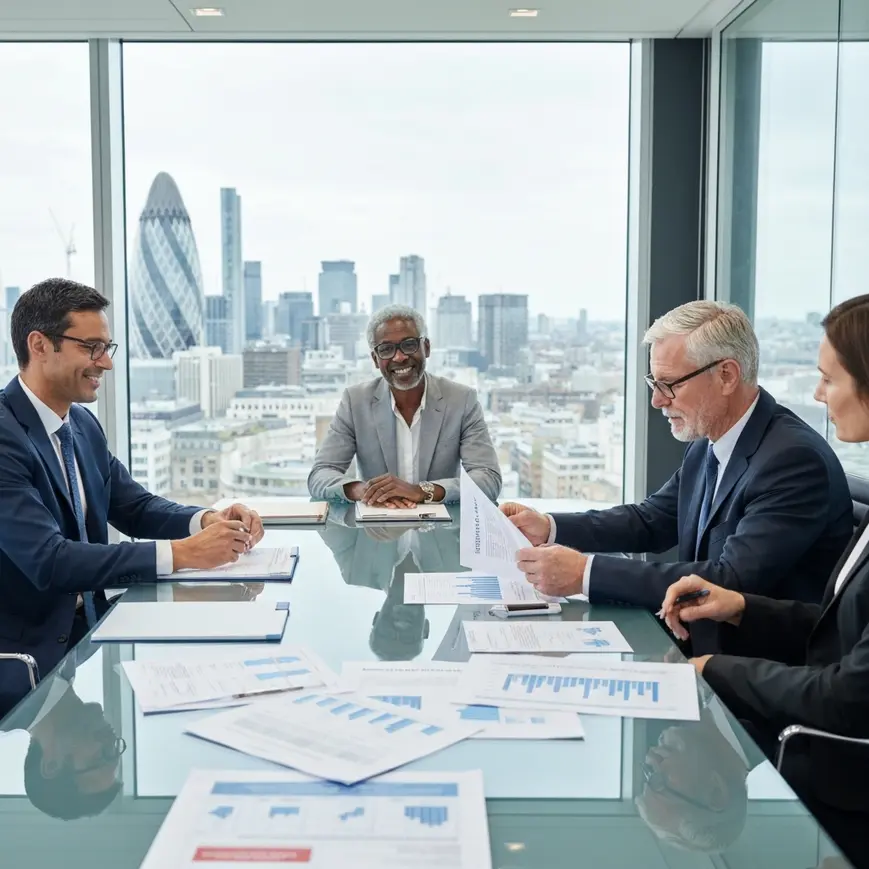 UK employer HR and finance team reviewing Immigration Skills Charge costs and sponsor documentation in a London office