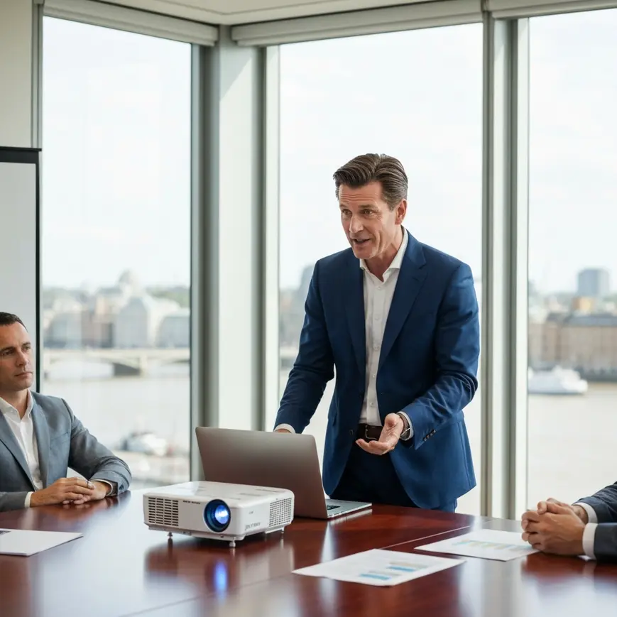 Entrepreneur presenting Innovator Founder visa business plan to endorsing body assessors in a London boardroom