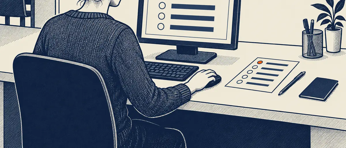 Illustration representing a person sitting the Life in the UK test at a computer in a test centre