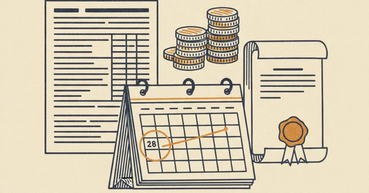 Illustration of a bank statement, 28-day calendar, and stacked coins representing the Skilled Worker visa maintenance funds financial requirement