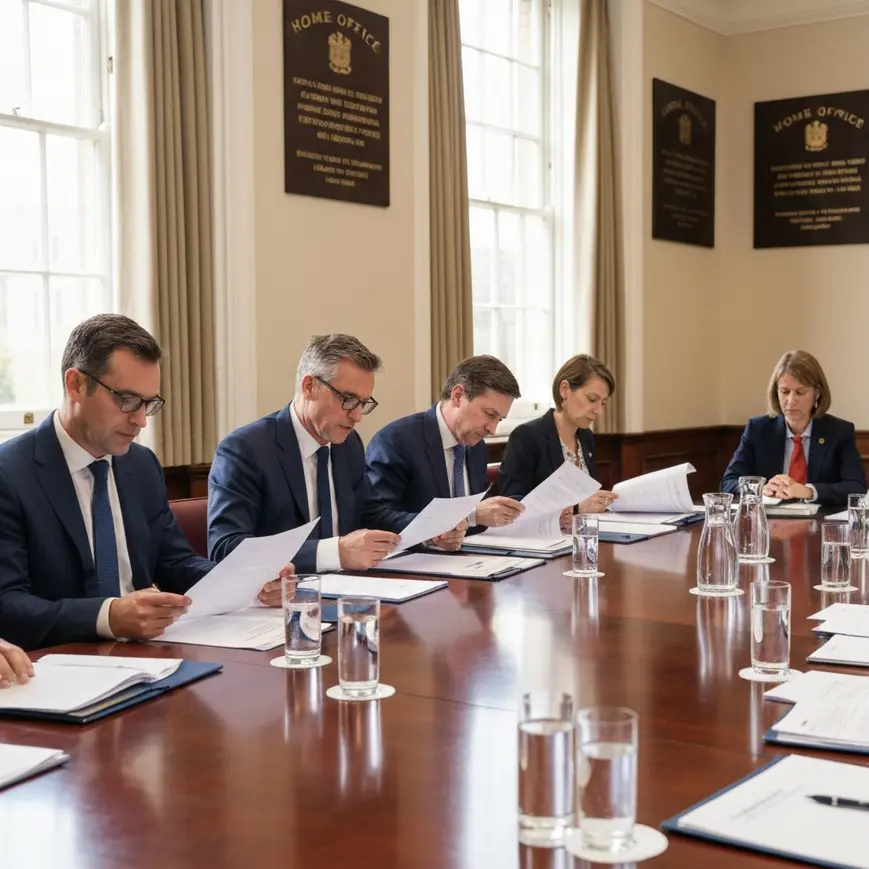 Migration Advisory Committee meeting in session in a formal UK government boardroom, reviewing immigration policy documents in London
