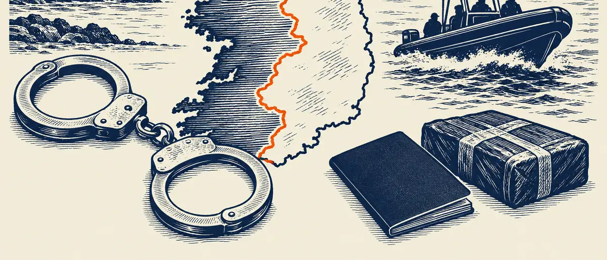 Illustration representing the people smuggling crackdown at the Irish border with enforcement and border security symbolism