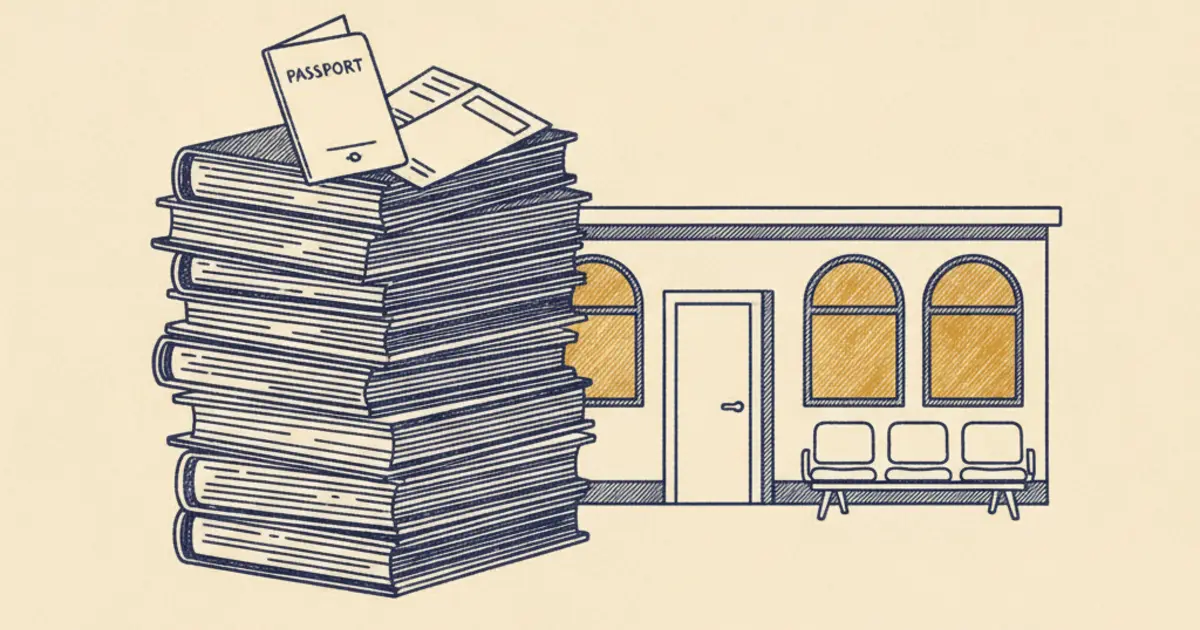 Illustration of case files and a departure gate representing returns preparation caseworker guidance in UK immigration enforcement