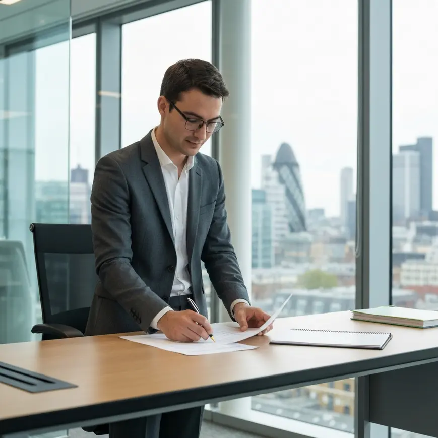 HR manager conducting a right to work UK check using the Home Office online share code service in a London office