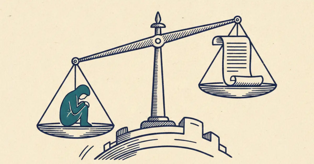 Illustration of scales balancing a figure and a checklist, representing risk assessment before detention placement decisions