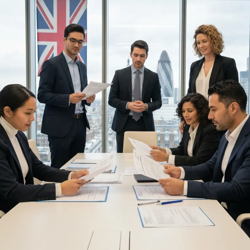 Candidate completing a Secure English Language Test for a UK Skilled Worker visa application at an approved UKVI test centre in London