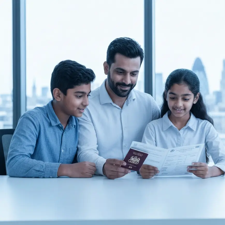 Skilled Worker visa dependants family reviewing UK immigration documents in a London office