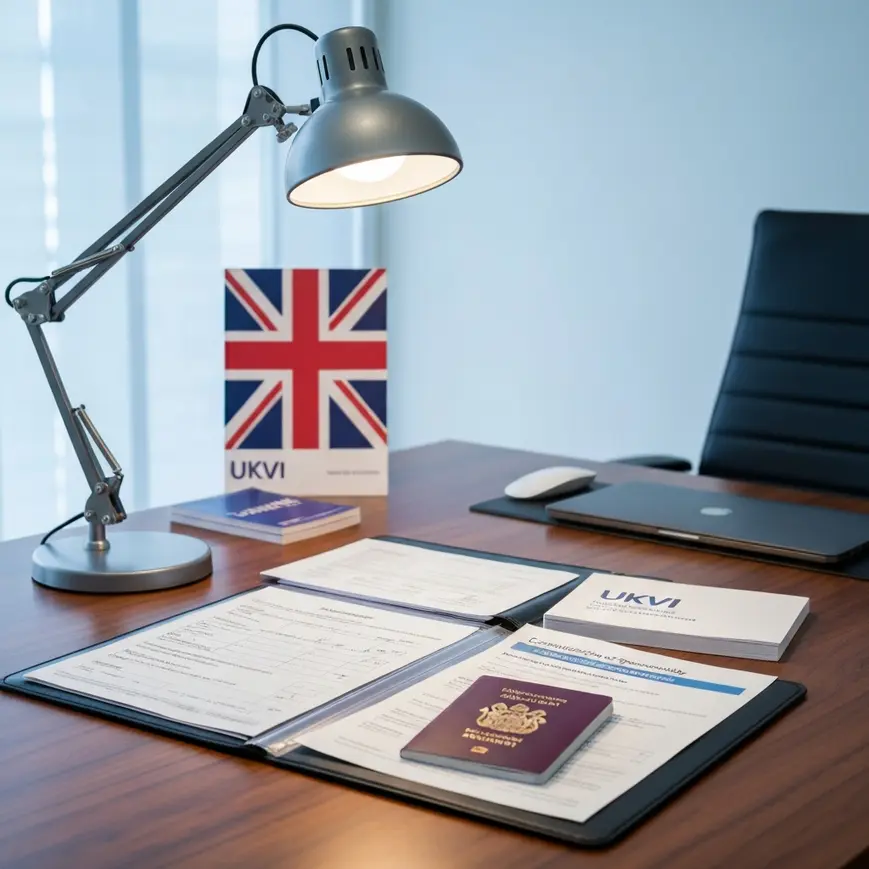 Organised UK Skilled Worker visa application documents including passport, Certificate of Sponsorship, and visa checklist on a professional desk in London