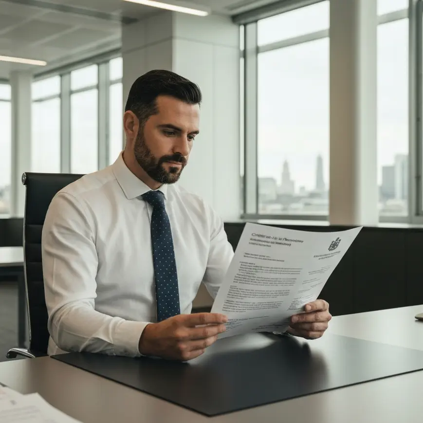 Professional worker reviewing Skilled Worker visa extension documents at a London office desk