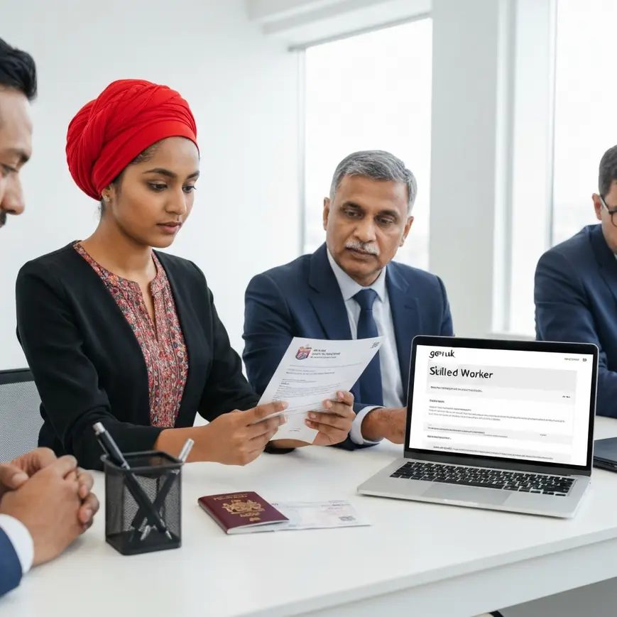 Skilled Worker visa applicant reviewing UK visa application documents at a professional London office desk
