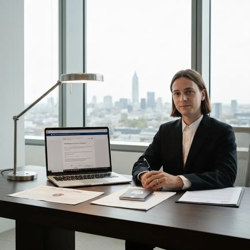 UK Skilled Worker visa refusal letter on a lawyer's desk in London alongside Home Office documents and a British passport