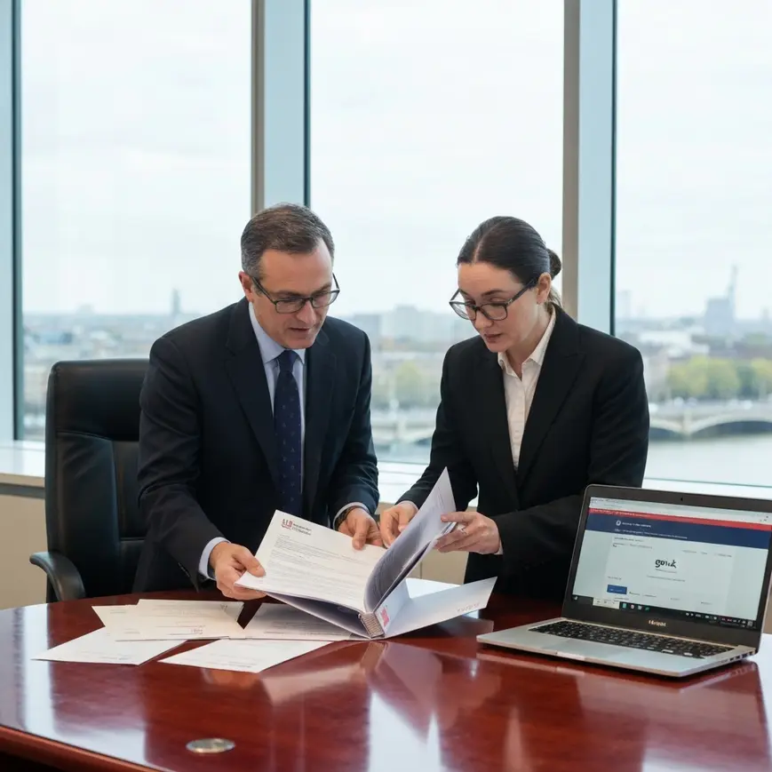 HR manager and legal adviser reviewing UK Sponsor Licence compliance documents in a London office