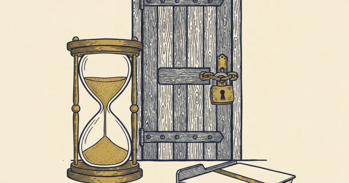 Illustration of an hourglass and locked door representing the sponsor licence cooling-off period after refusal or revocation