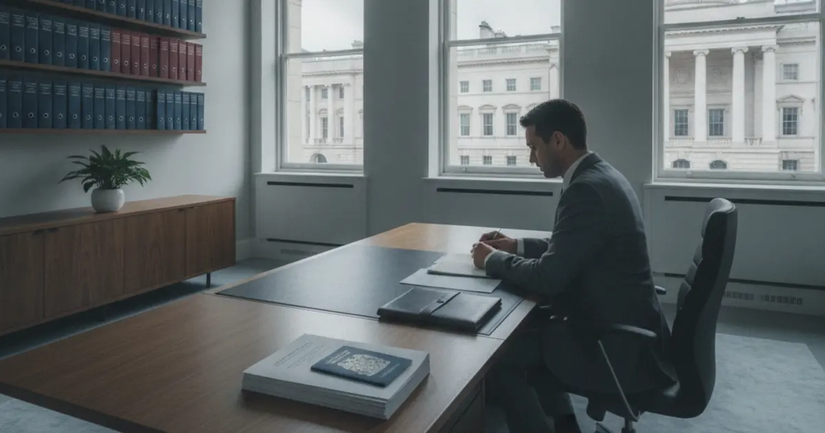 Immigration caseworker reviewing UK visa switching documents in a professional London office