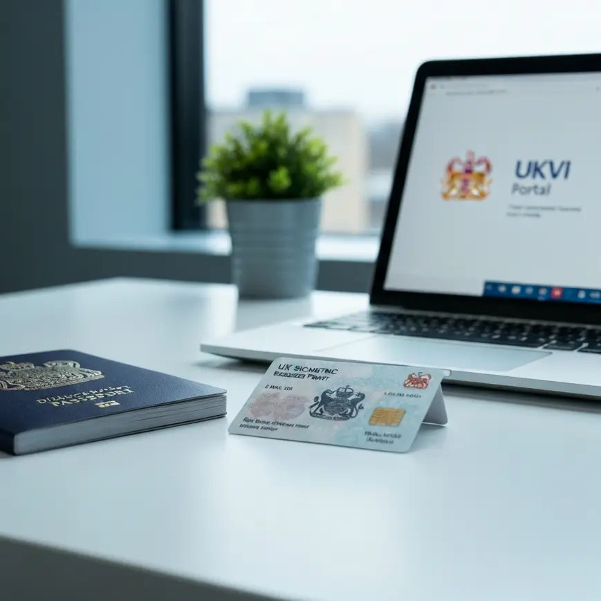UK Biometric Residence Permit card alongside a British passport on a professional desk, representing the BRP to eVisa transition for Skilled Worker visa holders