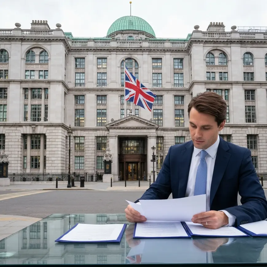 UK Home Office building in London with official immigration documents being reviewed by a professional caseworker