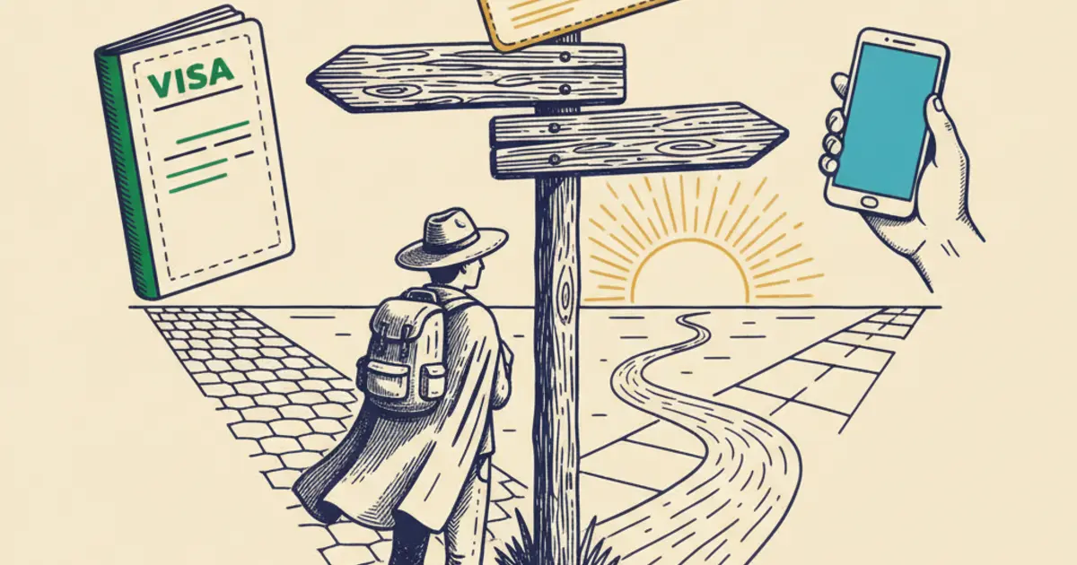 Illustration of a traveller choosing between UK visa, ETA and eVisa immigration status routes