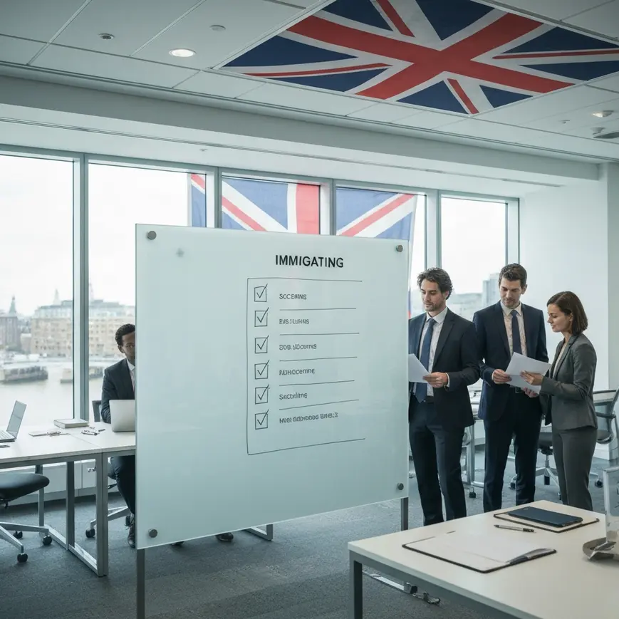 Immigration professionals reviewing the UK points-based system scoring criteria for the Skilled Worker visa in a London office