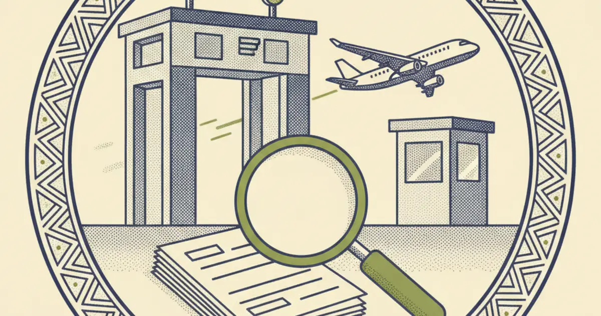 Illustration symbolising returns from the UK and illegal working enforcement activity with an aircraft and enforcement checkpoint motif