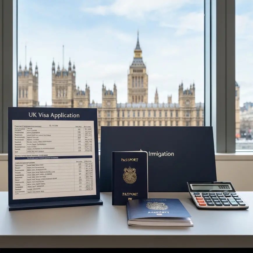 UK Skilled Worker visa fee schedule documents alongside a British passport and calculator on a professional London office desk