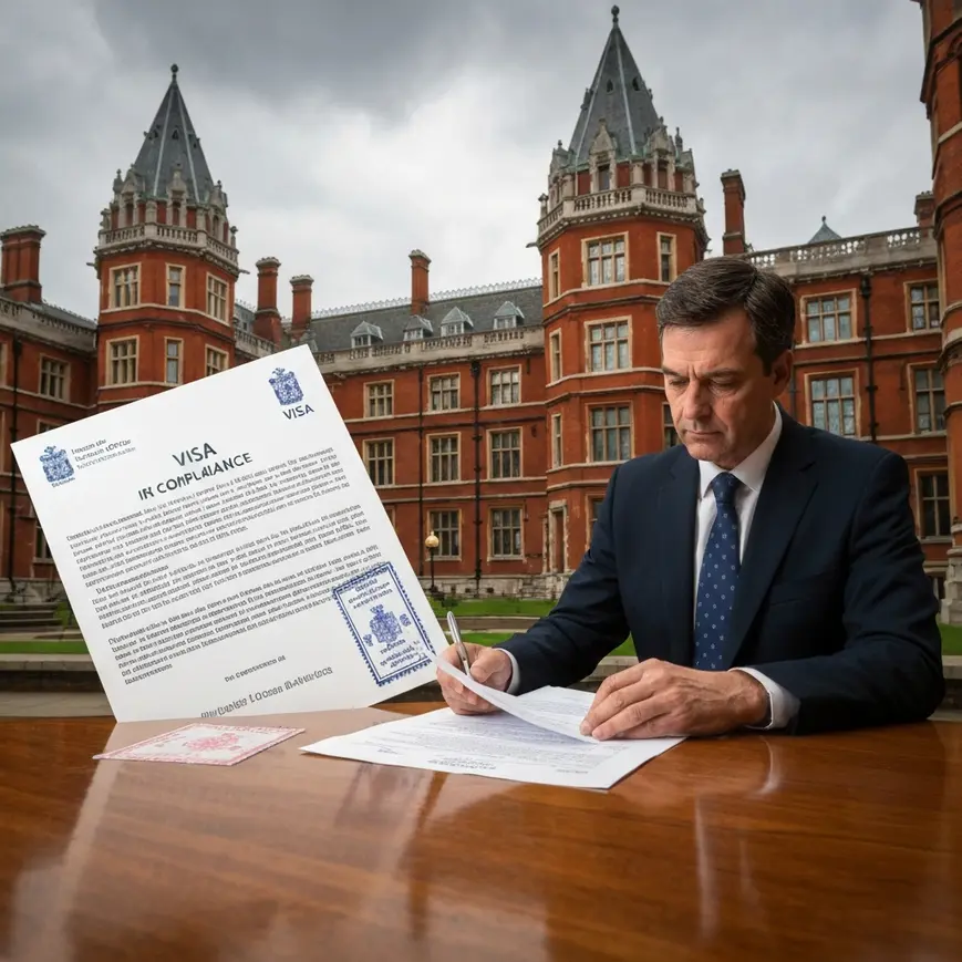 UK university building with immigration compliance documents, representing the 2026 student visa abuse crackdown affecting university sponsorship licences