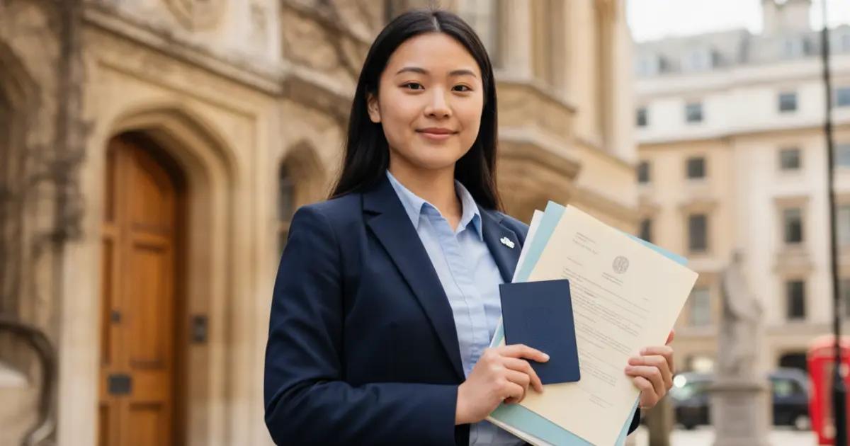 International student holding UK university documents outside a London university, representing the UK Student Visa Appendix Student immigration rules
