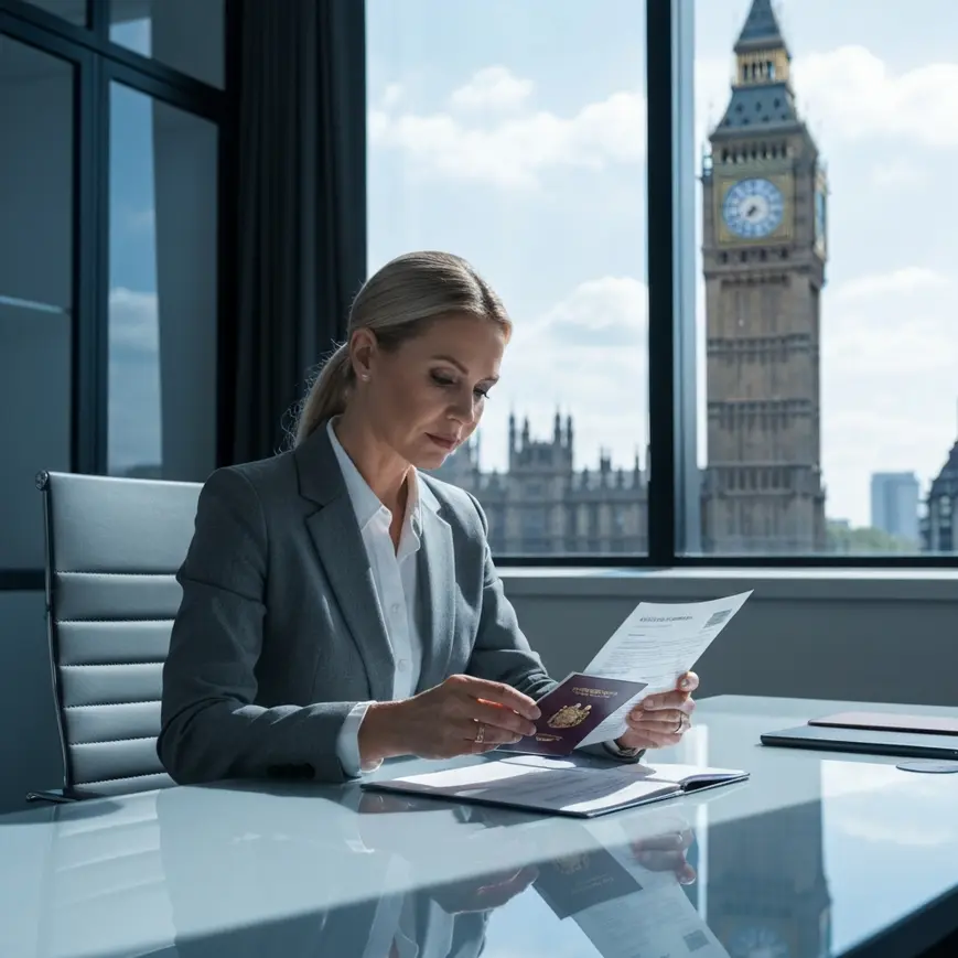 Immigration adviser reviewing passport travel history for UK ILR settlement application, London office