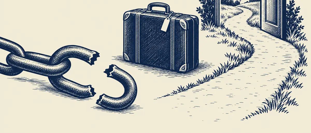 Illustration of a broken chain and open door representing victims freed from abusive employers under new UK visa rules